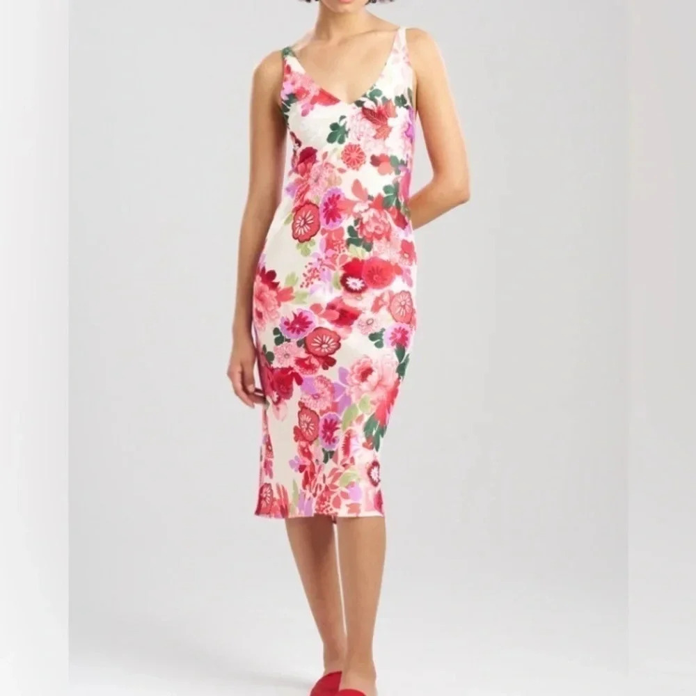 NWT NATORI Sofia Long Chemise Gown V-Neck Floral Print Size XL